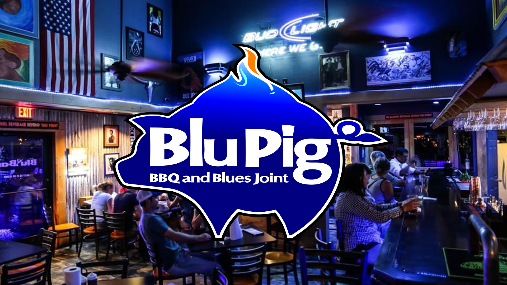 BluPig logo floating over image of the Blu Bar packed with people.