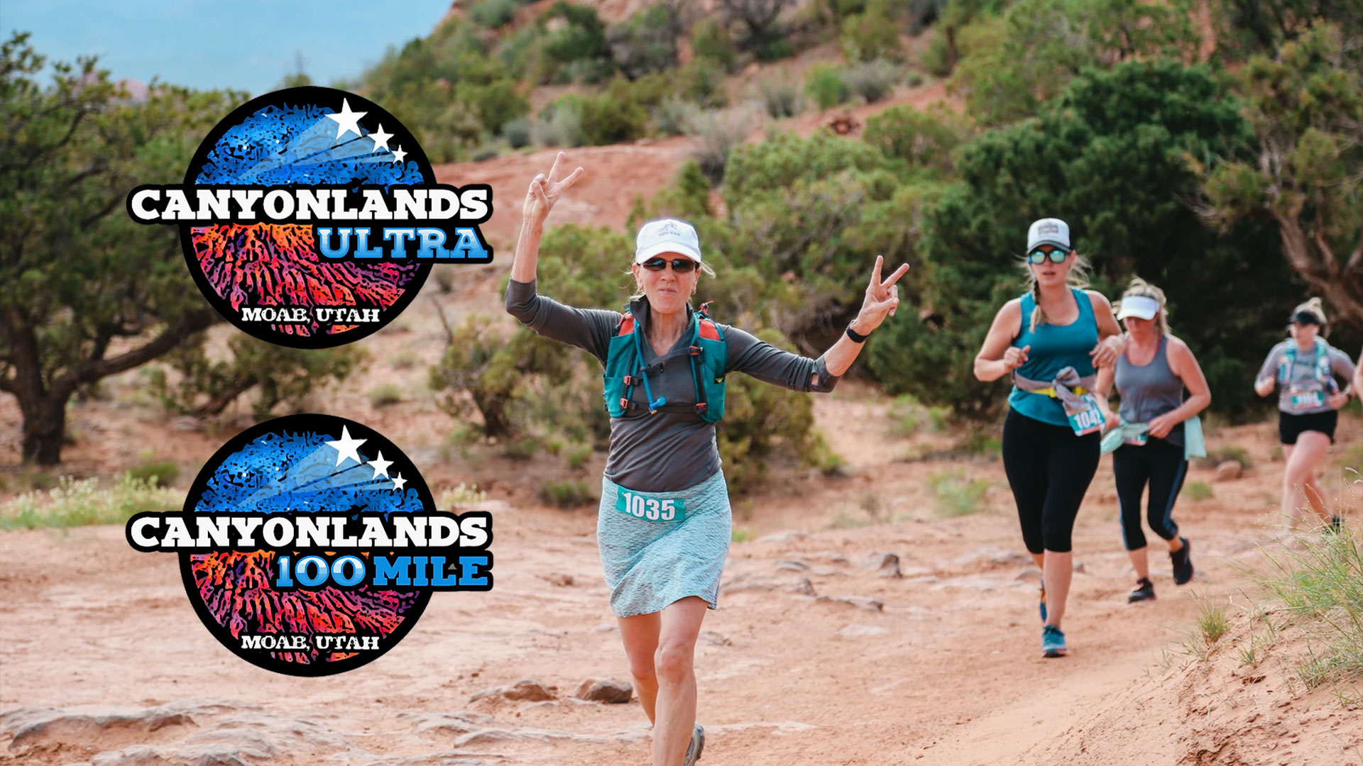 Canyonlands Ultra Marathon picture of women trailrunning with event logos floating to the left.